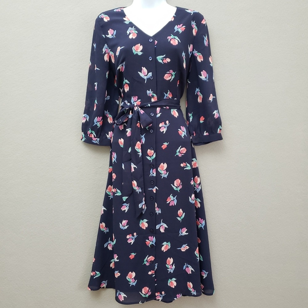 Appleseeds Women Size‎ S Midi Dress Navy Blue Floral Button Front Tie Waist NWOT